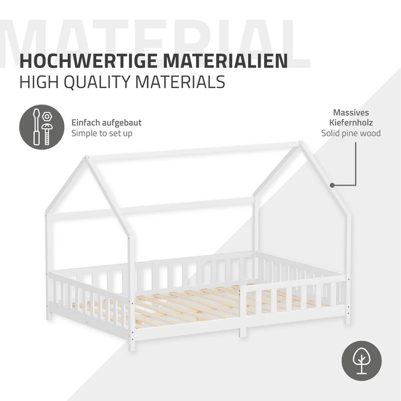 Kinderbett Hausbett 140x200 cm aus Kiefernholz Weiß mit Rausfallschutz Dach und Lattenrost Holzbett ML-Design