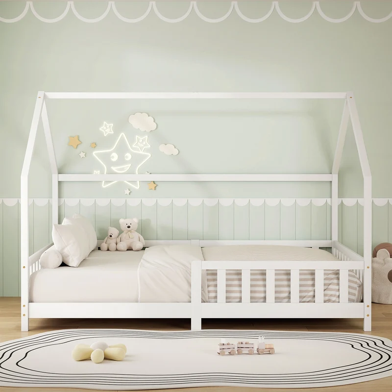 Kinderbett Hausbett 140x200 cm aus Kiefernholz Weiß mit Rausfallschutz Dach und Lattenrost Holzbett ML-Design