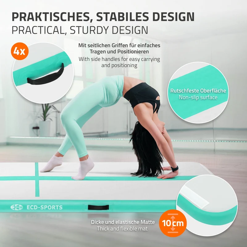 Aufblasbare Gymnastikmatte Turnmatte Airtrack 4m, Grün-Mint, 10cm Dicke, inkl. Tragetasche & elektr. Luftpumpe