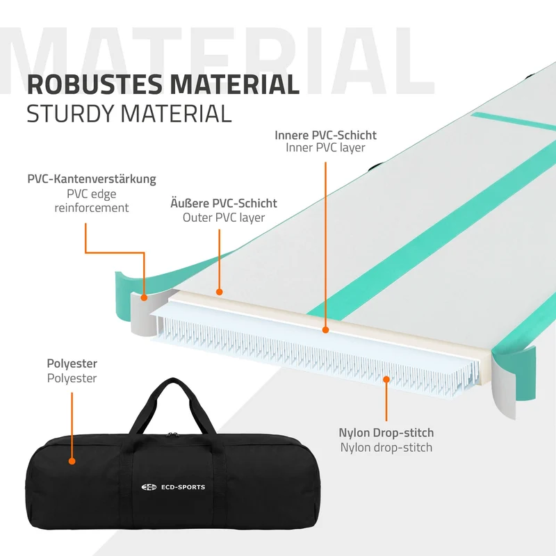 Aufblasbare Gymnastikmatte Turnmatte Airtrack 4m, Grün-Mint, 10cm Dicke, inkl. Tragetasche & elektr. Luftpumpe