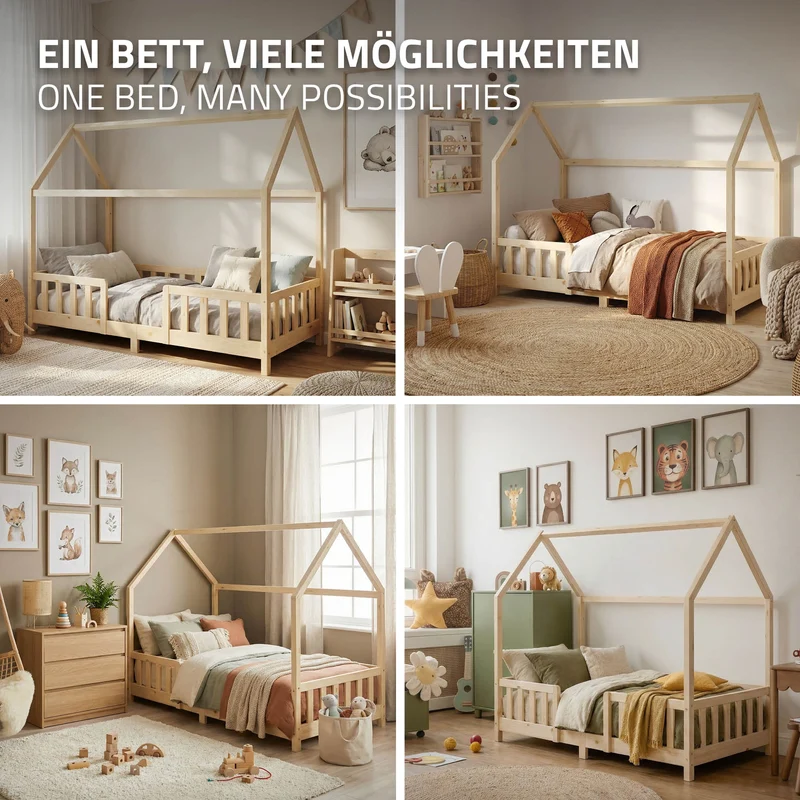 Kinderbett Hausbett 90x200 cm Natur aus Kiefernholz inkl. Matratze H-10cm Rausfallschutz Dach und Lattenrost ML-Design