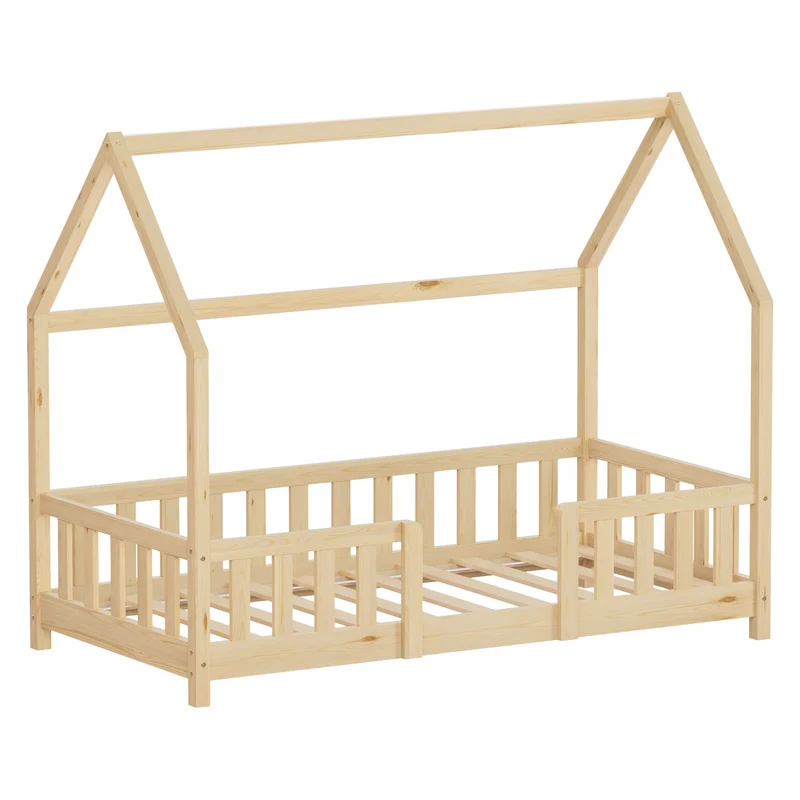 Kinderbett Hausbett 80x160 cm aus Kiefernholz Natur mit Rausfallschutz Dach und Lattenrost Holzbett ML-Design