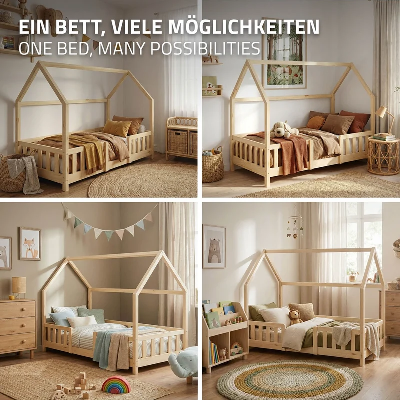 Kinderbett Hausbett 80x160 cm aus Kiefernholz Natur mit Rausfallschutz Dach und Lattenrost Holzbett ML-Design