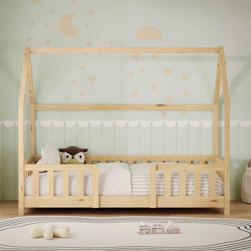 Kinderbett Hausbett 80x160 cm aus Kiefernholz Natur mit Rausfallschutz Dach und Lattenrost Holzbett ML-Design