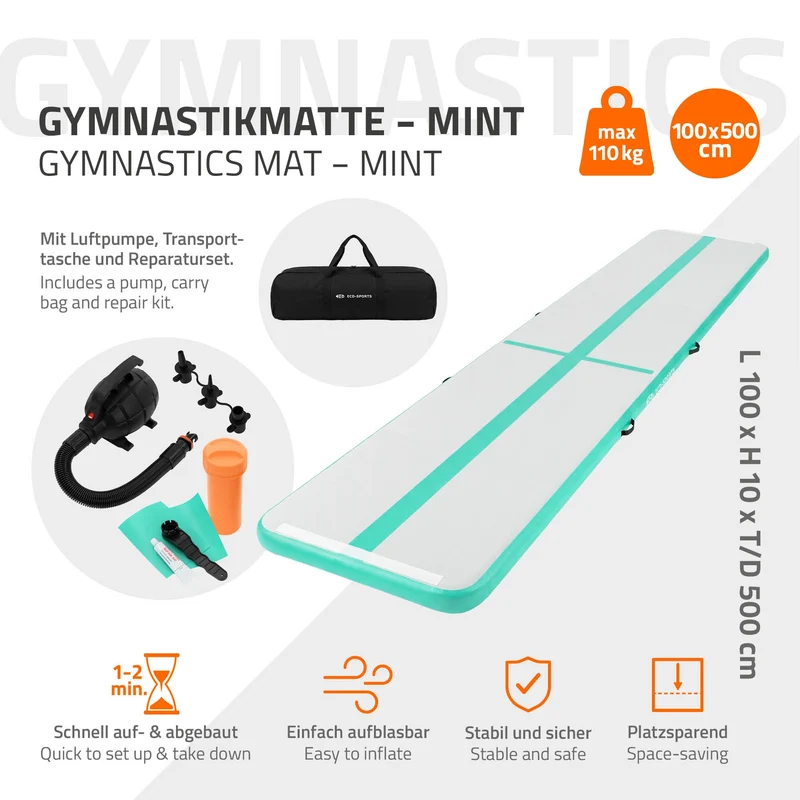 Aufblasbare Gymnastikmatte Turnmatte Airtrack 5m, Grün-Mint, 10cm Dicke, inkl. Tragetasche & elektr. Luftpumpe