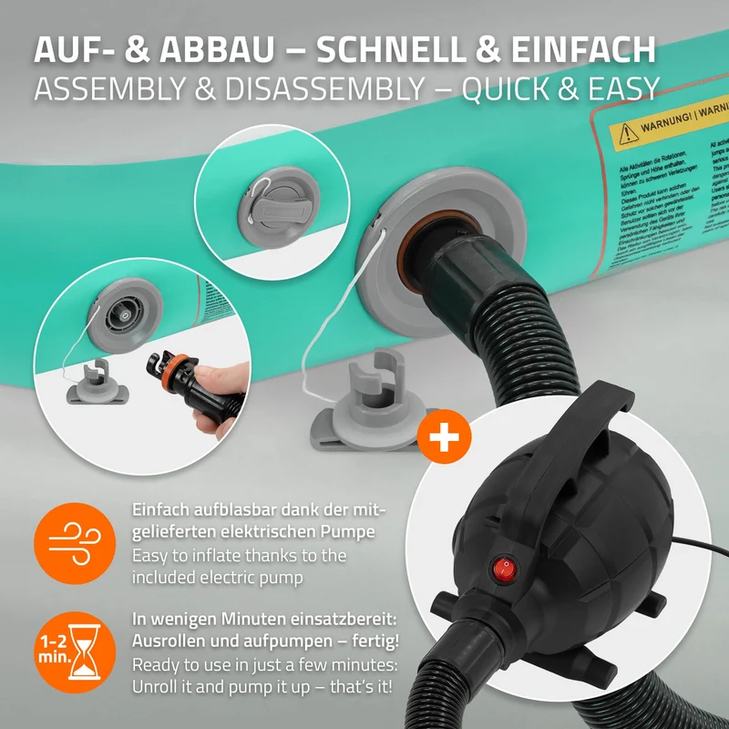 Aufblasbare Gymnastikmatte Turnmatte Airtrack 5m, Grün-Mint, 10cm Dicke, inkl. Tragetasche & elektr. Luftpumpe