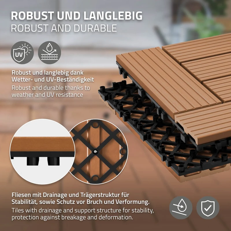 WPC Terrassenfliesen Balkonfliesen 30x30 cm in Holzoptik mit Drainage und Klicksystem