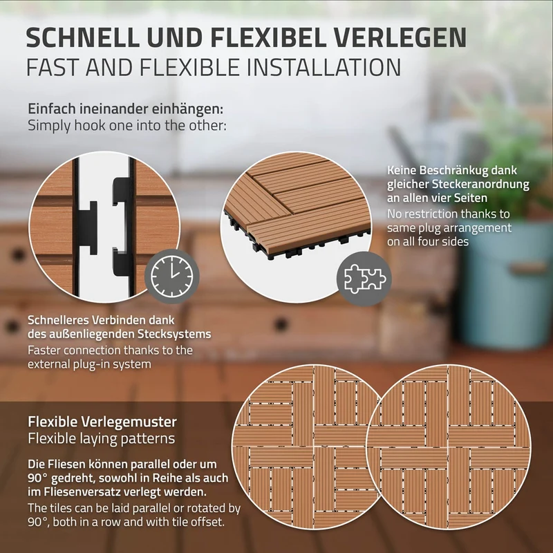 WPC Terrassenfliesen Balkonfliesen 30x30 cm in Holzoptik mit Drainage und Klicksystem