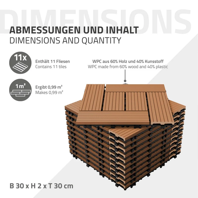 WPC Terrassenfliesen Balkonfliesen 30x30 cm in Holzoptik mit Drainage und Klicksystem