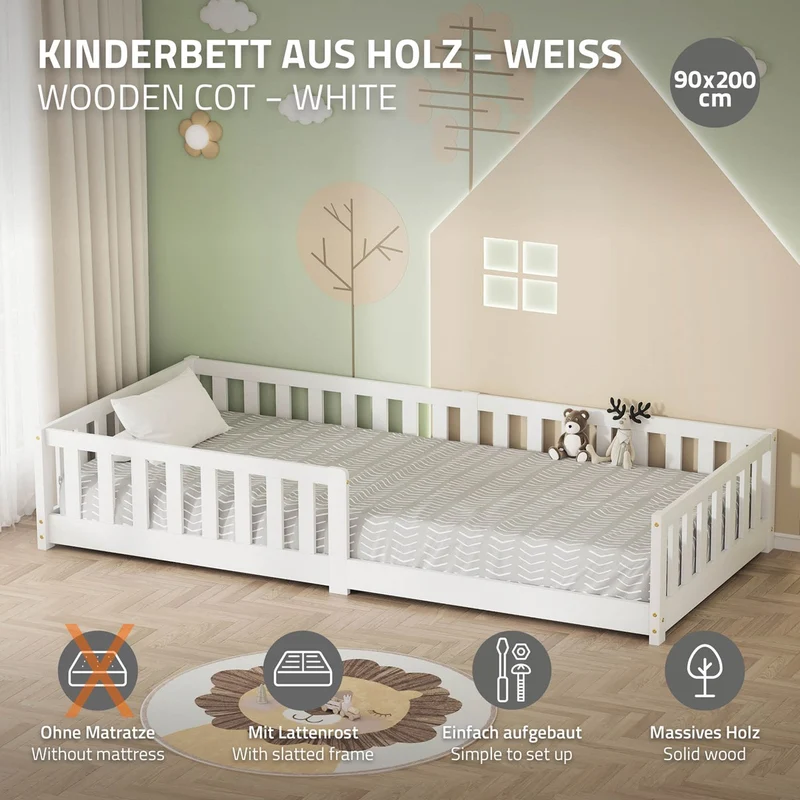 Kinderbett 90x200 cm mit Lattenrost und Rausfallschutz Weiß Kiefernholz ML-Design