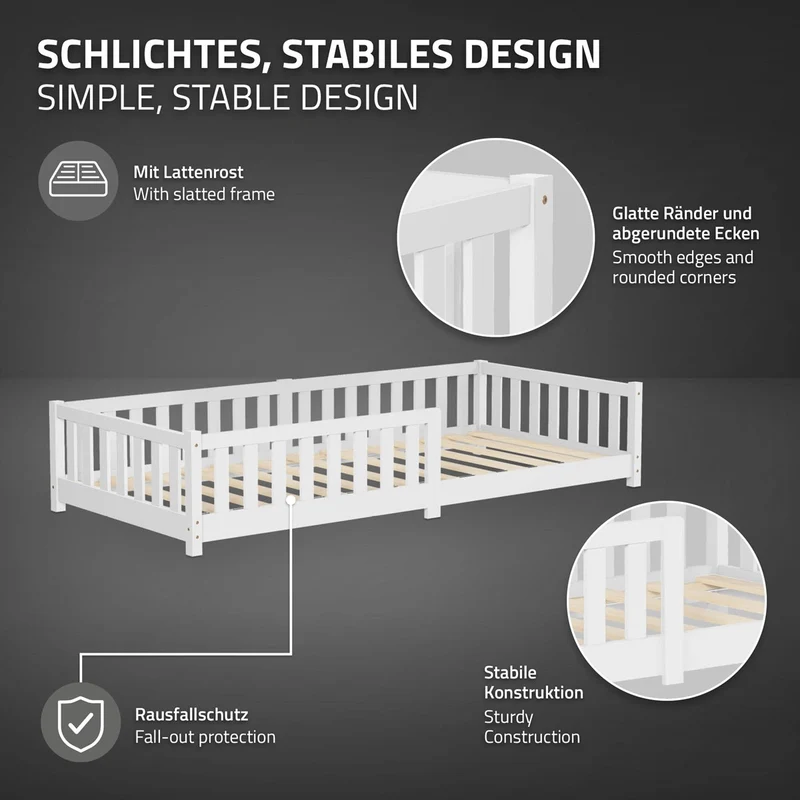 Kinderbett 90x200 cm mit Lattenrost und Rausfallschutz Weiß Kiefernholz ML-Design