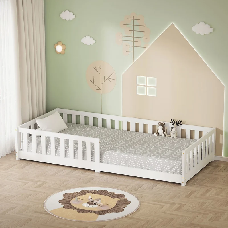 Kinderbett 90x200 cm mit Lattenrost und Rausfallschutz Weiß Kiefernholz ML-Design