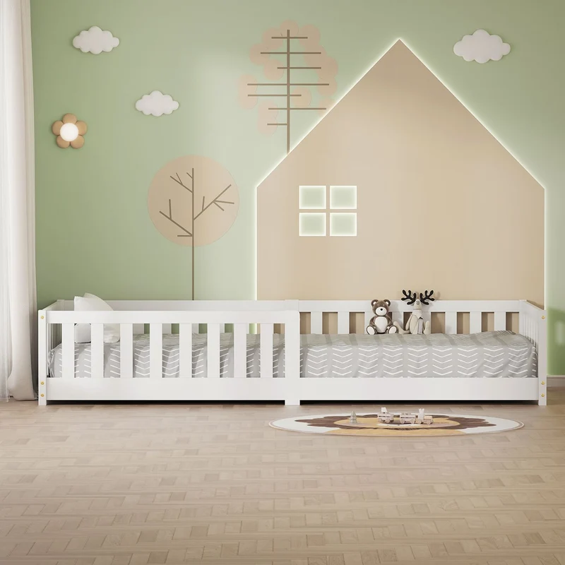 Kinderbett 90x200 cm mit Lattenrost und Rausfallschutz Weiß Kiefernholz ML-Design