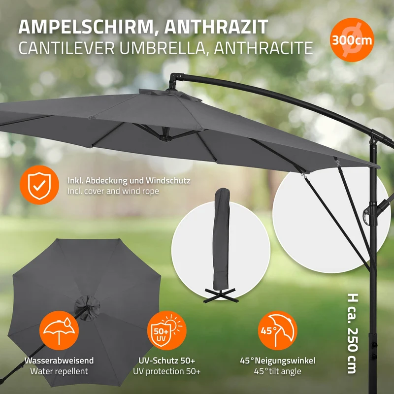 Ampelschirm Ø 300 cm Anthrazit 360° Alu Sonnenschirm mit Kurbel, Abdeckung & Ständer ML-Design