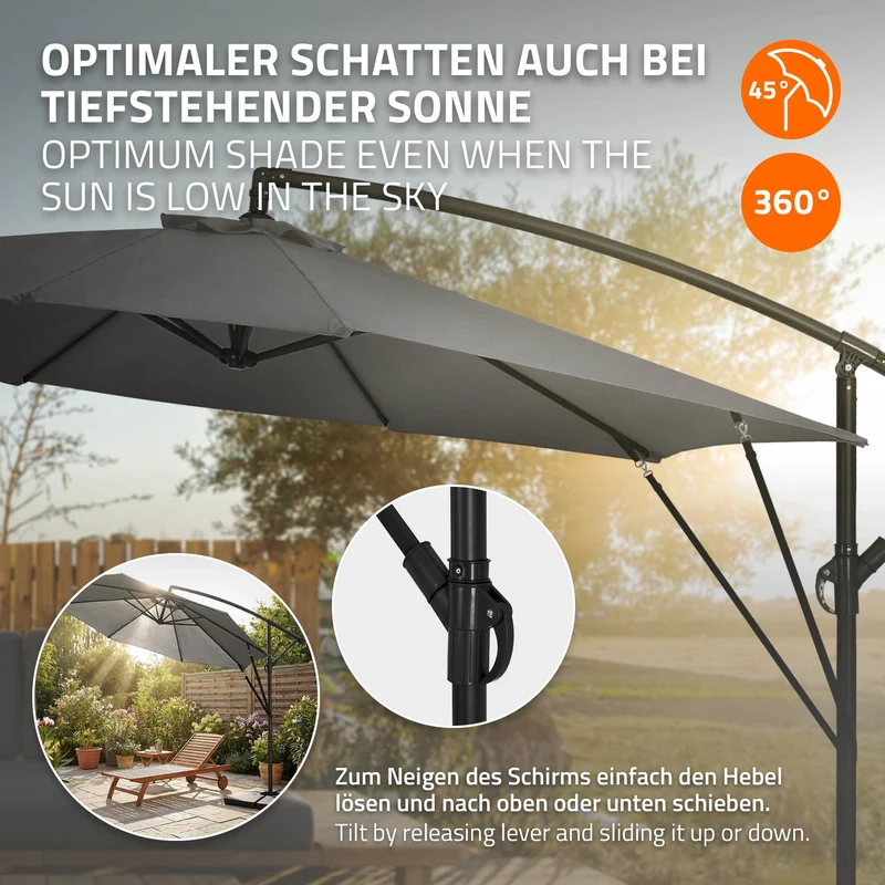 Ampelschirm Ø 300 cm Anthrazit 360° Alu Sonnenschirm mit Kurbel, Abdeckung & Ständer ML-Design