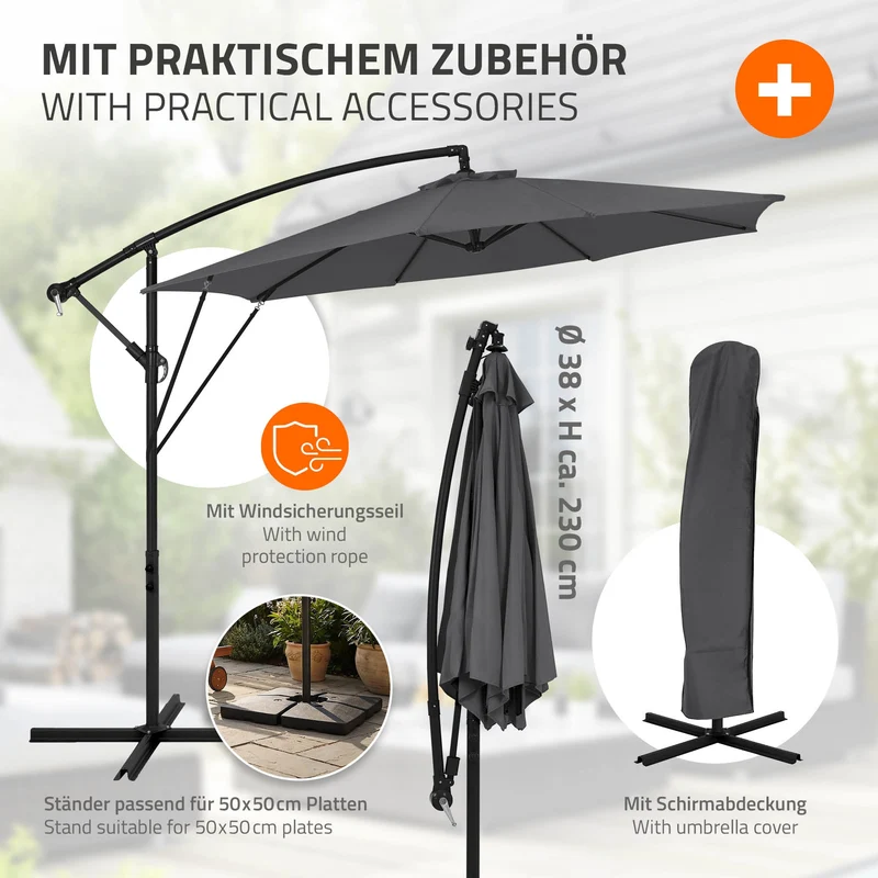Ampelschirm Ø 300 cm Anthrazit 360° Alu Sonnenschirm mit Kurbel, Abdeckung & Ständer ML-Design