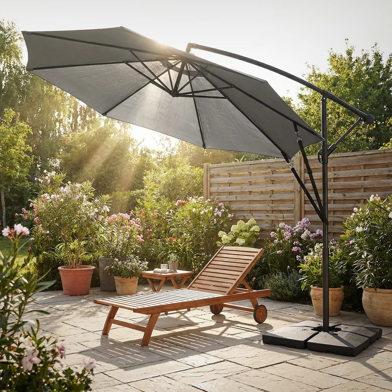 Ampelschirm Ø 300 cm Anthrazit 360° Alu Sonnenschirm mit Kurbel, Abdeckung & Ständer ML-Design