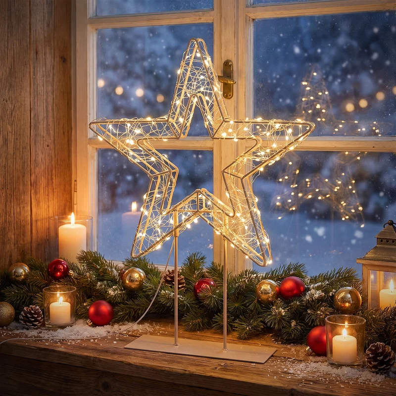 ECD Germany | LED Weihnachtsstern auf Sockel 48,5 cm Warmweiß Stern Leuchtstern Weihnachtsdeko mit Lichterkette Weihnachtsbeleuchtung Außen mit Timer