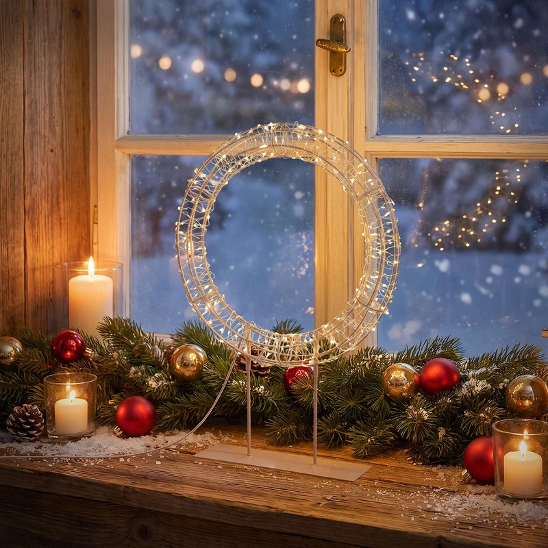 ECD Germany | LED Weihnachtskranz mit Sockel 41,5 cm Metall Warmweiß Kranz Lichterkranz Weihnachtsdeko mit Lichterkette Weihnachtsbeleuchtung Außen