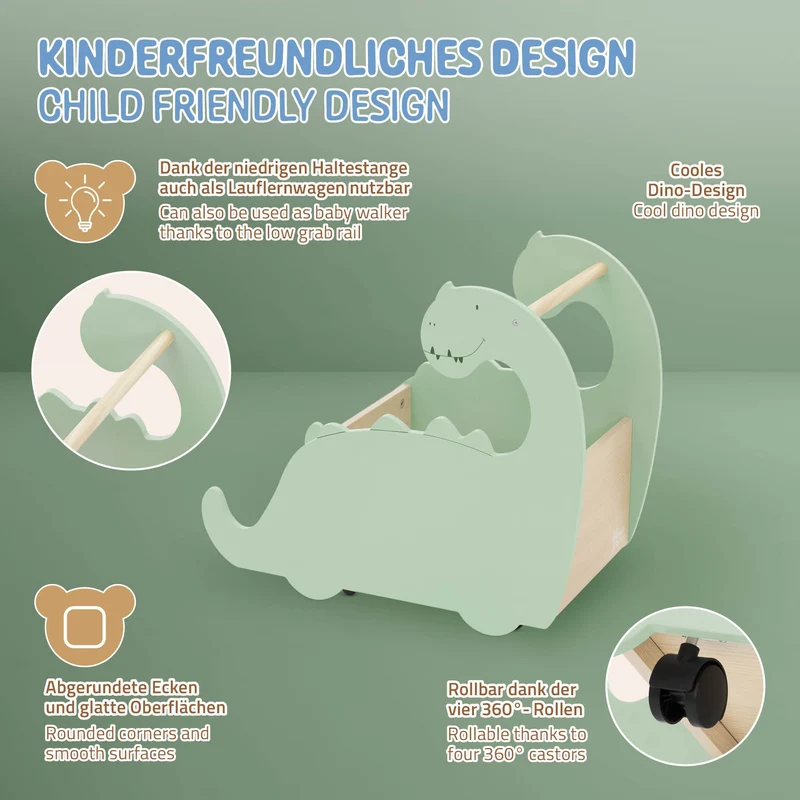 Kinder Spielzeugkiste Dino-Design Beige/Grün auf Rollen aus Holz Joyz