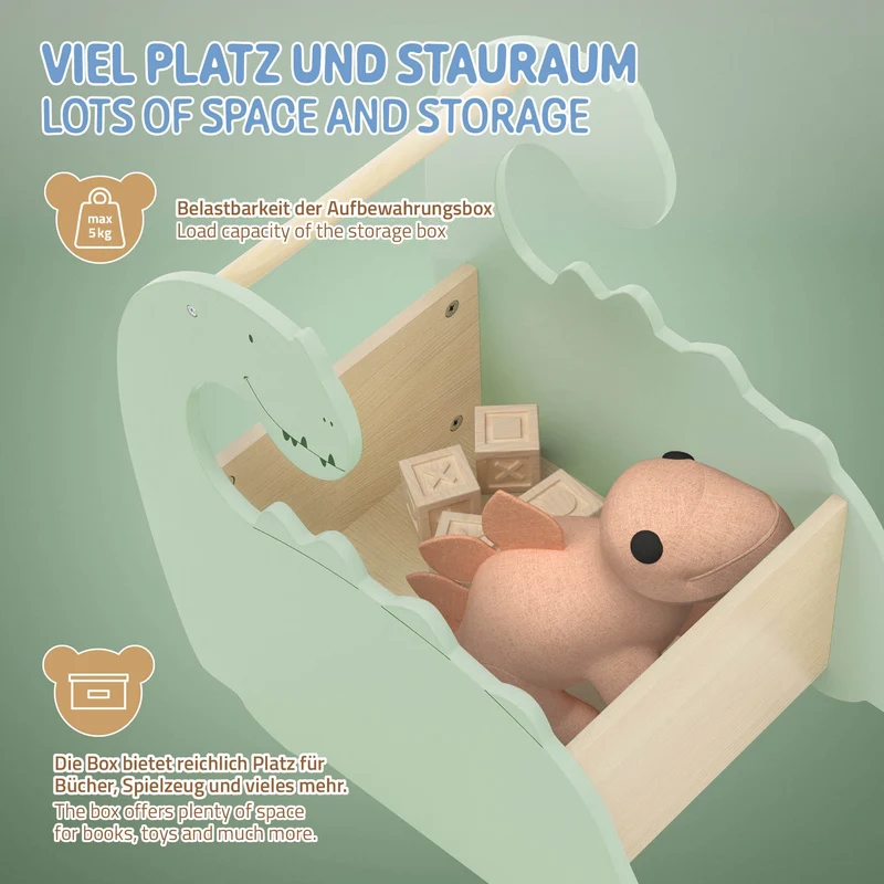 Kinder Spielzeugkiste Dino-Design Beige/Grün auf Rollen aus Holz Joyz