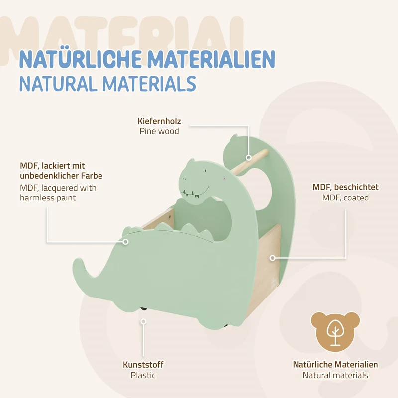 Kinder Spielzeugkiste Dino-Design Beige/Grün auf Rollen aus Holz Joyz