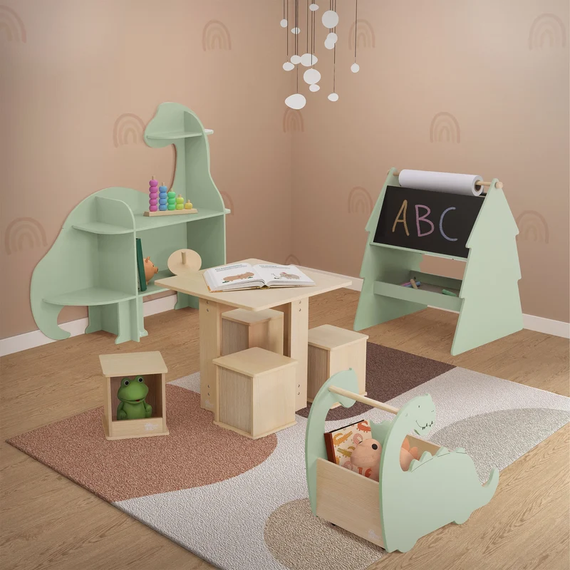 Kinder Spielzeugkiste Dino-Design Beige/Grün auf Rollen aus Holz Joyz