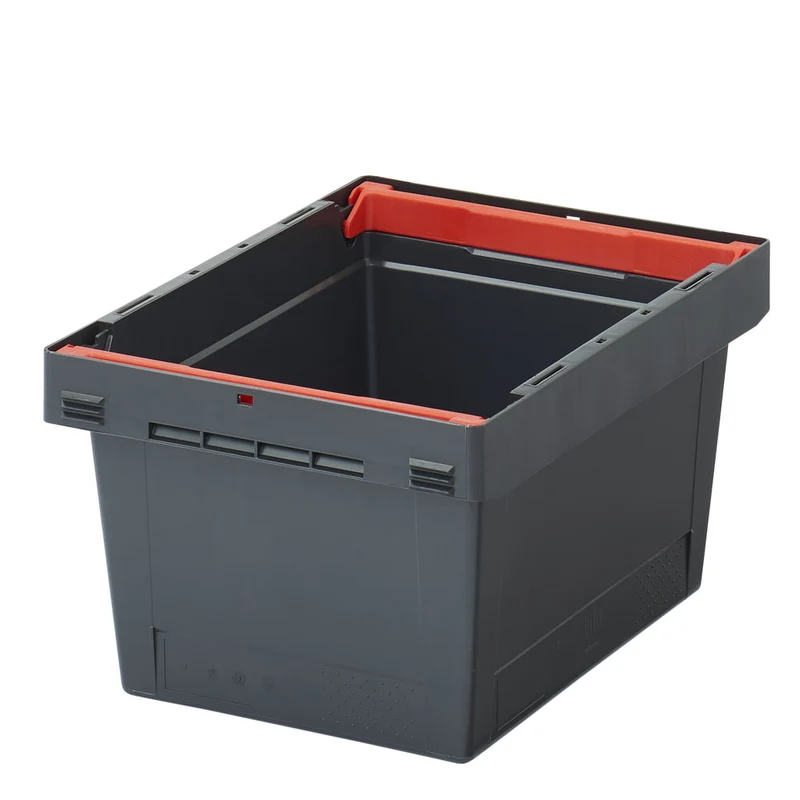 Mehrwegbehälter MB Eco aus Recyclingmaterial, mit montierten, schwenkbaren Stapelbügeln