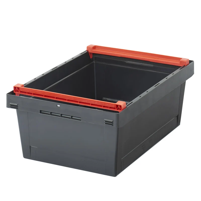 Mehrwegbehälter MB Eco aus Recyclingmaterial, mit montierten, schwenkbaren Stapelbügeln