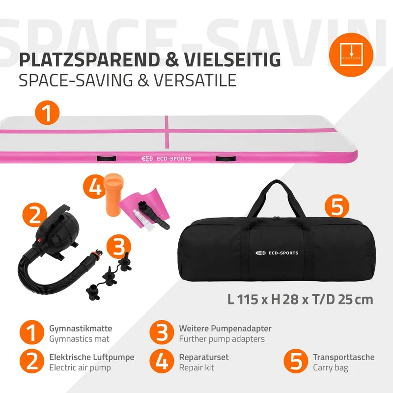 Aufblasbare Gymnastikmatte Turnmatte Airtrack 4m, Rosa, 10cm Dicke, inkl. Tragetasche & elektr. Luftpumpe