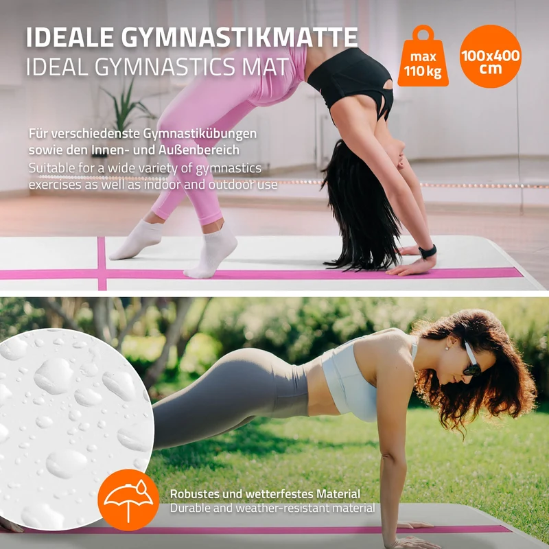 Aufblasbare Gymnastikmatte Turnmatte Airtrack 4m, Rosa, 10cm Dicke, inkl. Tragetasche & elektr. Luftpumpe