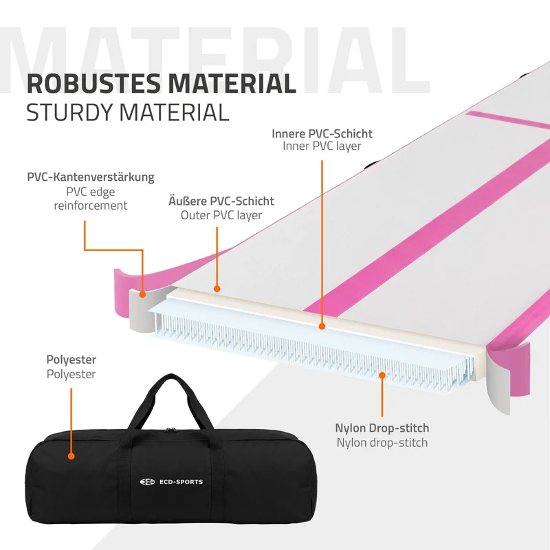 Aufblasbare Gymnastikmatte Turnmatte Airtrack 4m, Rosa, 10cm Dicke, inkl. Tragetasche & elektr. Luftpumpe