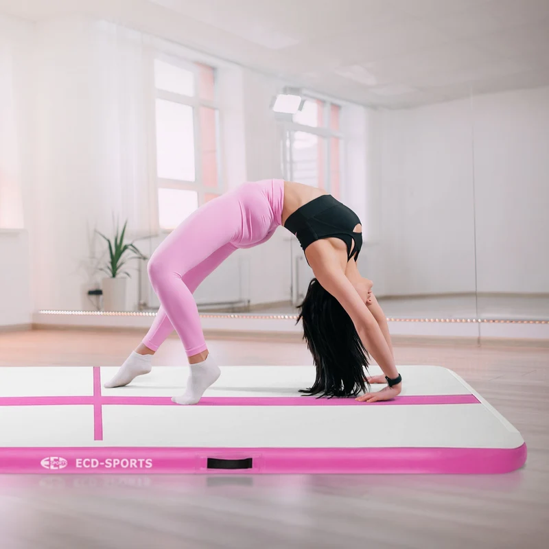 Aufblasbare Gymnastikmatte Turnmatte Airtrack 4m, Rosa, 10cm Dicke, inkl. Tragetasche & elektr. Luftpumpe