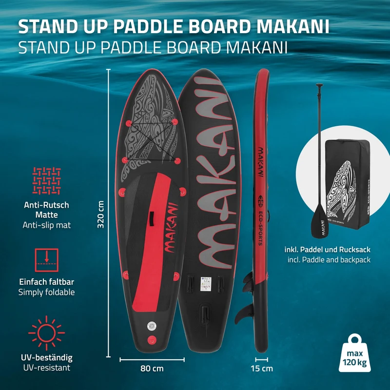 Stand Up Paddle aufblasbares SUP Board Makani 320x80x15 cm in Schwarz/Rot aus PVC inkl. Pumpe und Tragetasche
