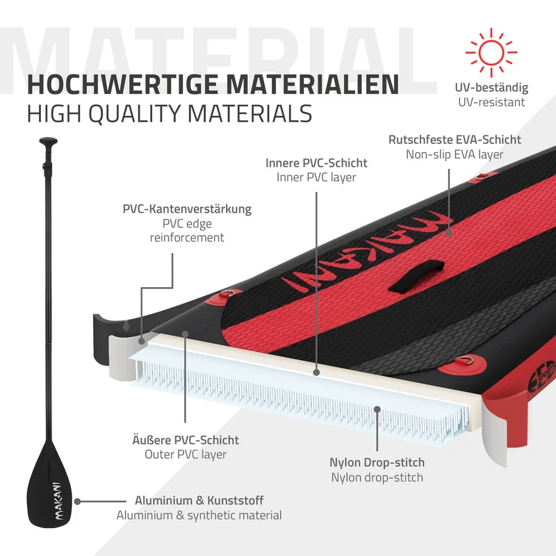 Stand Up Paddle aufblasbares SUP Board Makani 320x80x15 cm in Schwarz/Rot aus PVC inkl. Pumpe und Tragetasche