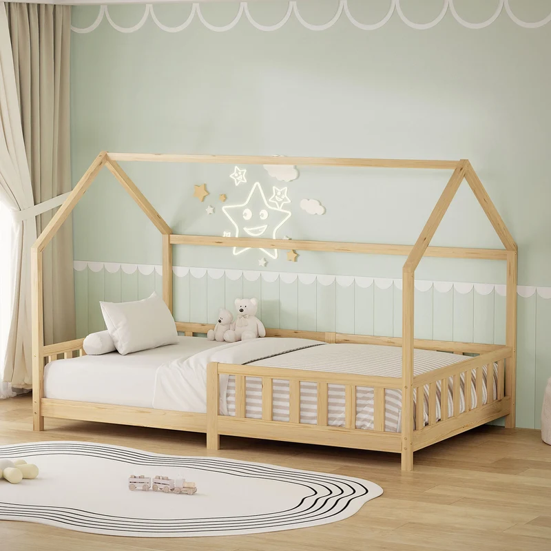 Kinderbett Hausbett 120x200 cm aus Kiefernholz Natur mit Rausfallschutz Dach und Lattenrost Holzbett ML-Design