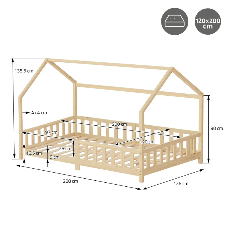 Kinderbett Hausbett 120x200 cm aus Kiefernholz Natur mit Rausfallschutz Dach und Lattenrost Holzbett ML-Design