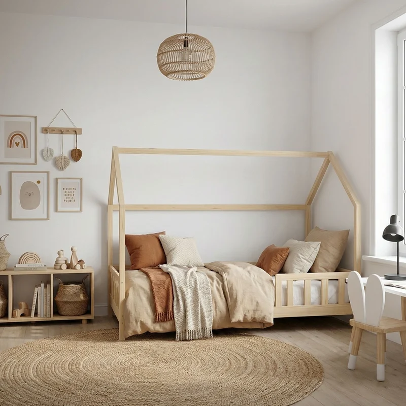 Kinderbett Hausbett 120x200 cm aus Kiefernholz Natur mit Rausfallschutz Dach und Lattenrost Holzbett ML-Design