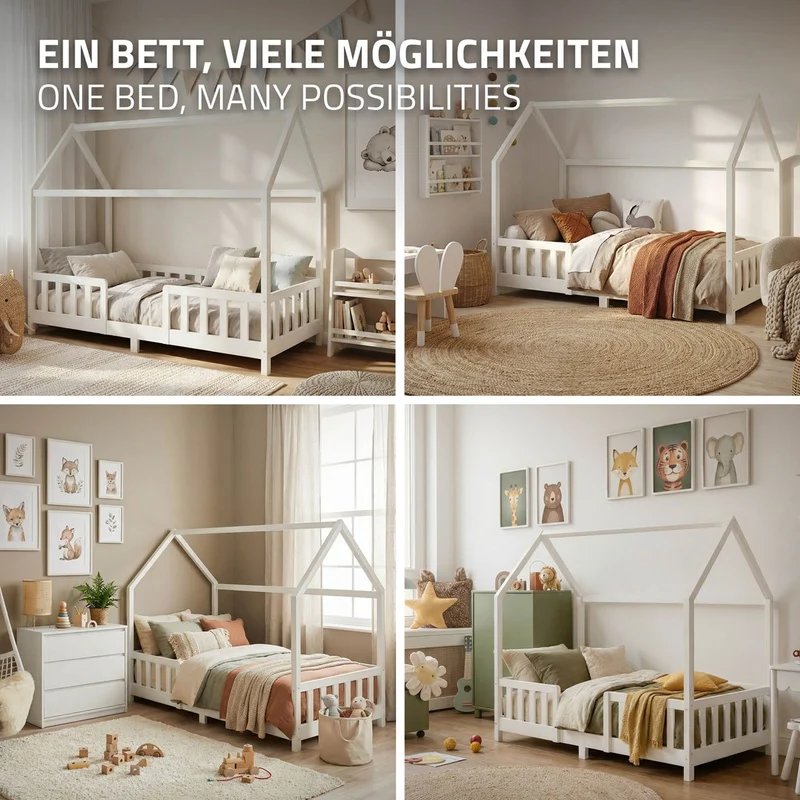 Kinderbett Hausbett 90x200 cm Weiß aus Kiefernholz inkl. Matratze H-10cm Rausfallschutz Dach und Lattenrost ML-Design