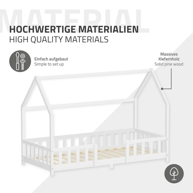 Kinderbett Hausbett 90x200 cm Weiß aus Kiefernholz inkl. Matratze H-10cm Rausfallschutz Dach und Lattenrost ML-Design