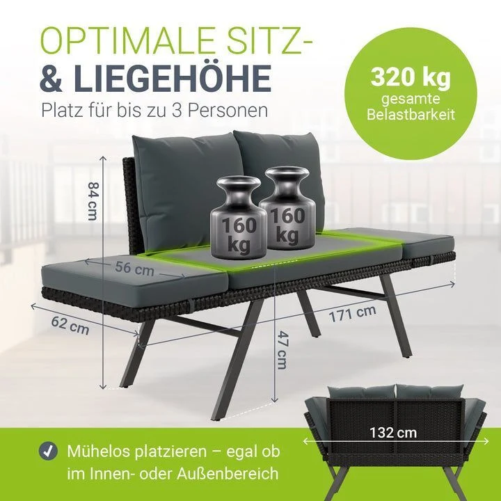 B-Ware Polyrattan Gartenbank Calvia schwarz grau creme mit Liegefunktion für 2-3