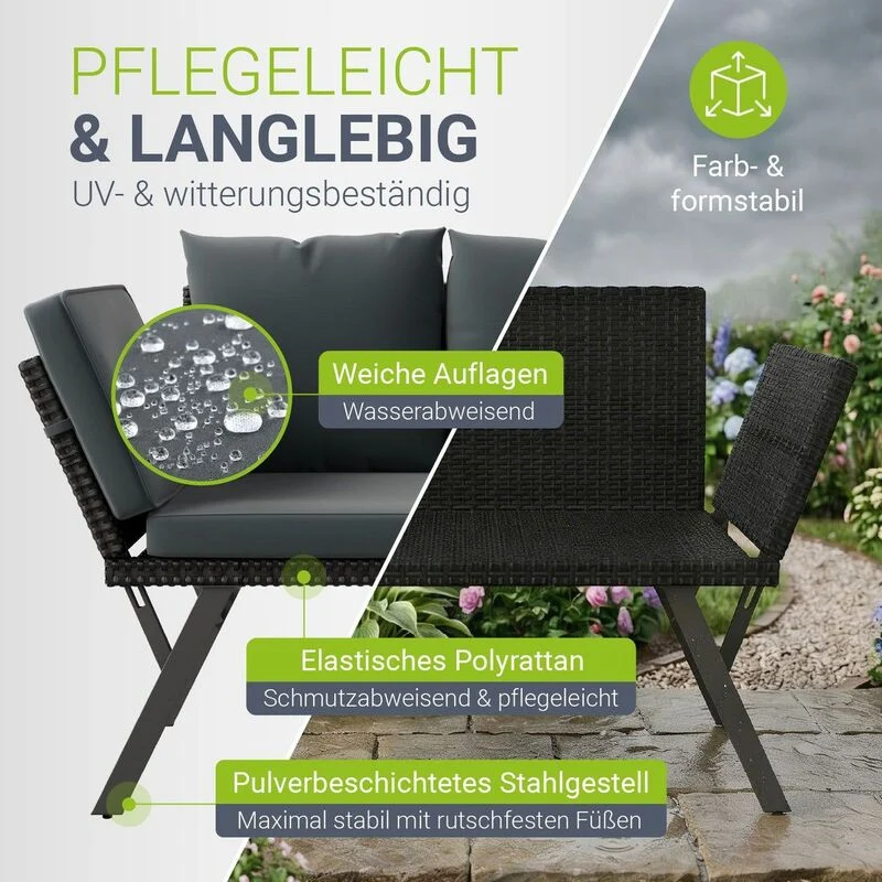 B-Ware Polyrattan Gartenbank Calvia schwarz grau creme mit Liegefunktion für 2-3