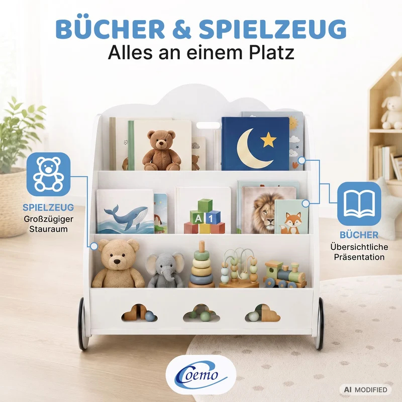Coemo Aufbewahrungsrollwagen Bookie Bücherregal Holz Spielzeugkiste mit Rädern