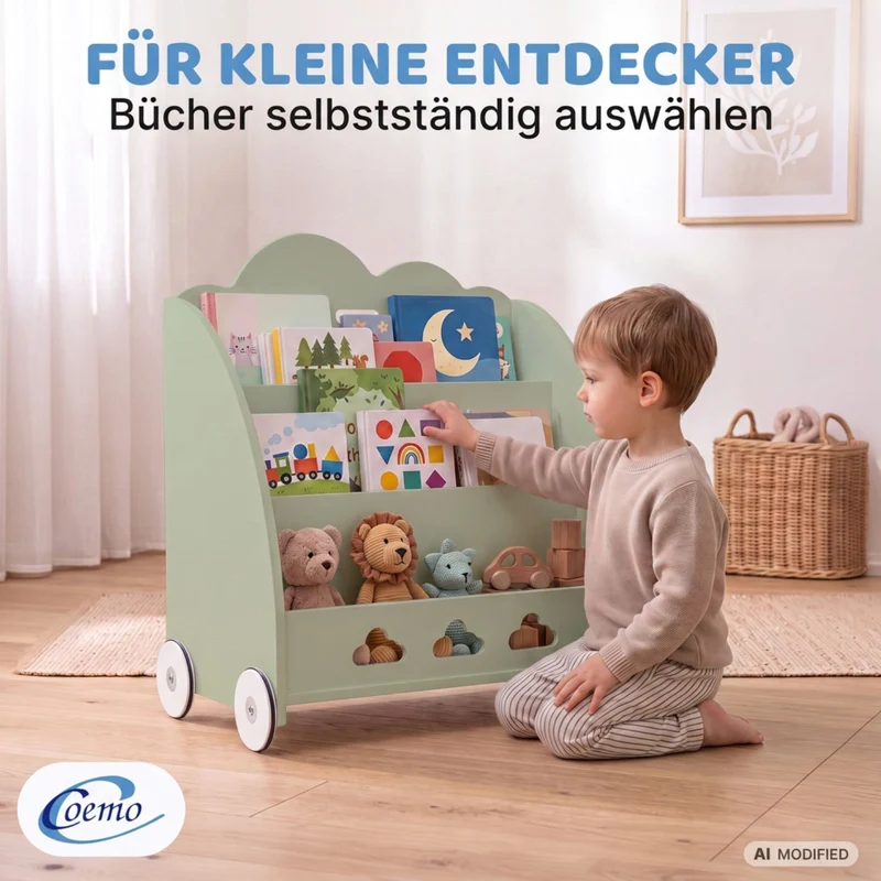 Coemo Aufbewahrungsrollwagen Bookie Bücherregal Holz Spielzeugkiste mit Rädern