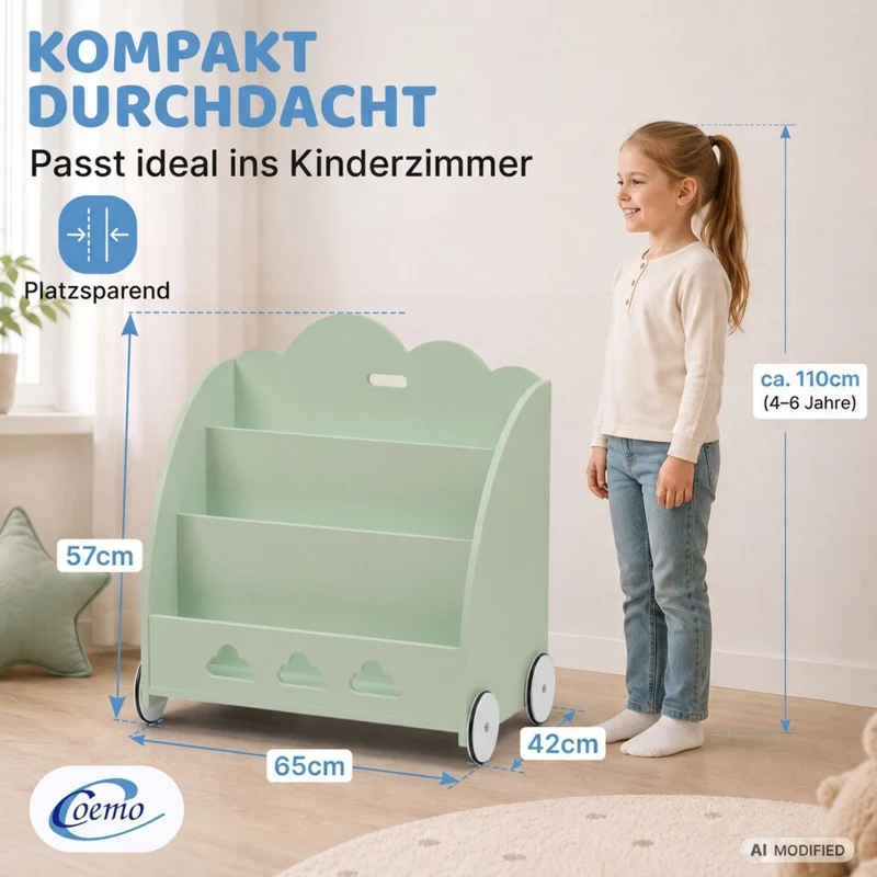 Coemo Aufbewahrungsrollwagen Bookie Bücherregal Holz Spielzeugkiste mit Rädern