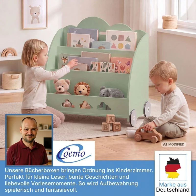 Coemo Aufbewahrungsrollwagen Bookie Bücherregal Holz Spielzeugkiste mit Rädern