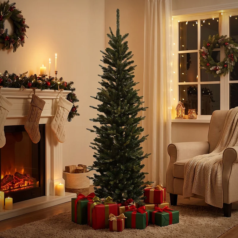 ECD Germany | Künstlicher Weihnachtsbaum Naturgetreu Kunststoff Grün Tannenbaum Christbaum mit Standfuß Weihnachtsdeko Innen Kunstbaum schmal