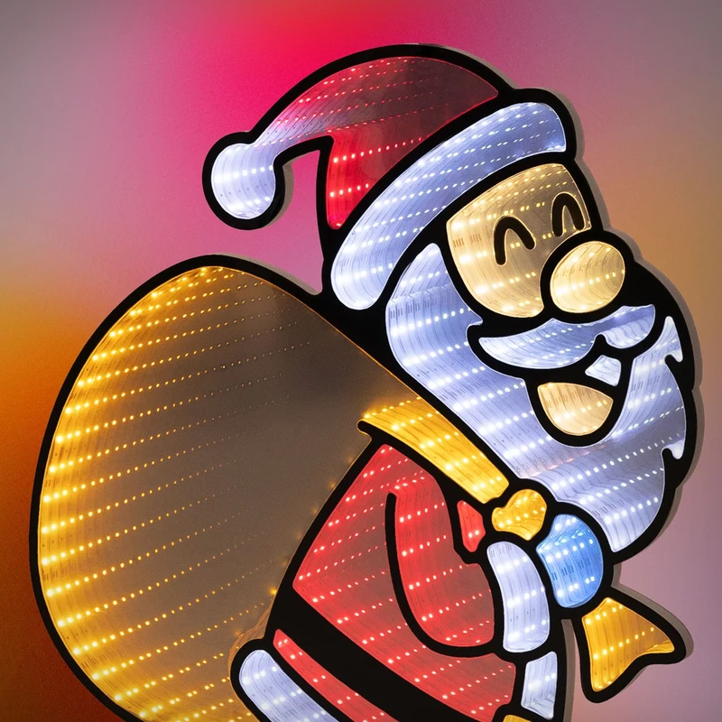 ECD Germany | Weihnachtsdeko Weihnachtsmann mit Geschenkesack LED Infinity Mirror 3D-Effekt 47x60 cm Weihnachtsbeleuchtung Innen Spiegel Lichterkette