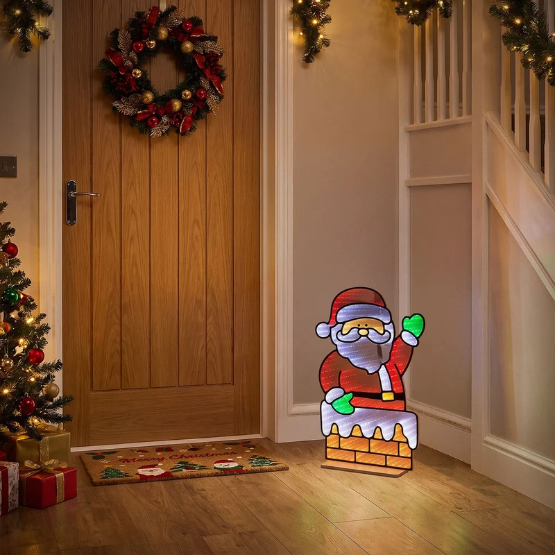 ECD Germany | Weihnachtsdeko Weihnachtsmann mit Kamin LED Infinity Mirror 38x60 cm, Weihnachtsbeleuchtung Innen, 3D Dekofigur, Spiegel Lichterkette