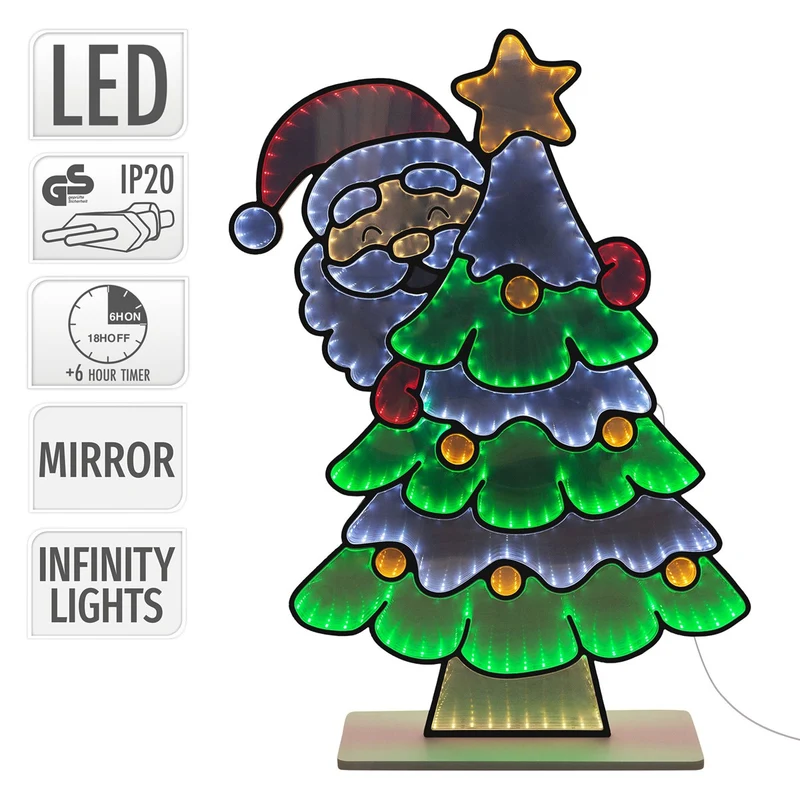 ECD Germany | Weihnachtsdeko Weihnachtsbaum mit Weihnachtsmann LED Infinity Mirror 58x80 cm Weihnachtsbeleuchtung Innen 3D Spiegel Lichterkette Timer